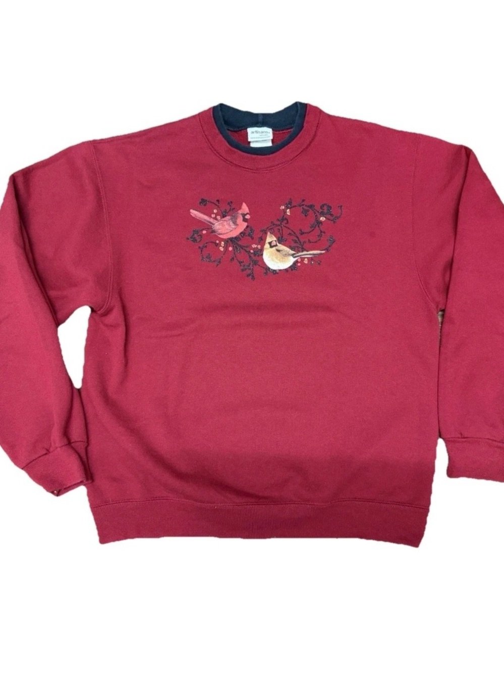 Vintage 90s MED Grandma Red Mock Neck Sweatshirt Winter Fall Cardinals Birds USA